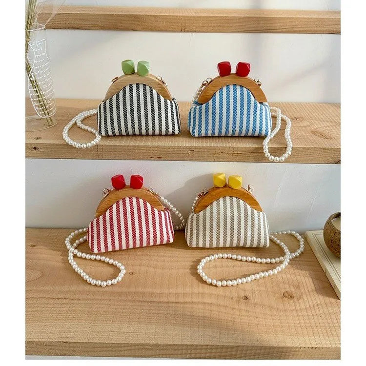 Cute Striped Kiss Lock Mini Bag with Pearl Chain Crossbody Purse Vintage Wooden Frame Small Shoulder Bag for Kids