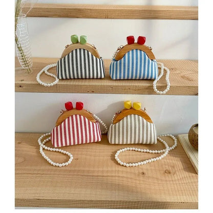 Cute Striped Kiss Lock Mini Bag with Pearl Chain Crossbody Purse Vintage Wooden Frame Small Shoulder Bag for Kids