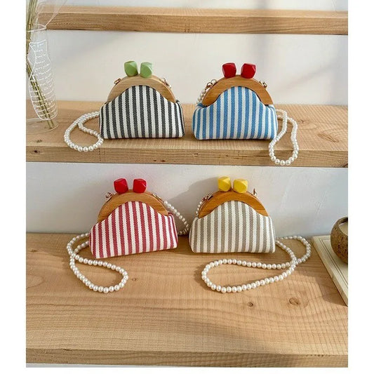 Cute Striped Kiss Lock Mini Bag with Pearl Chain Crossbody Purse Vintage Wooden Frame Small Shoulder Bag for Kids