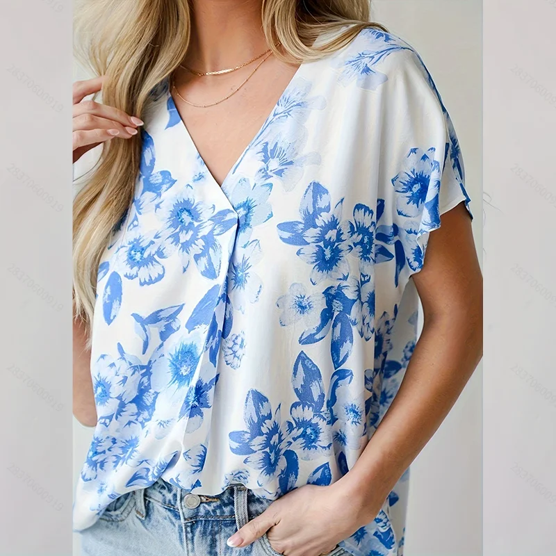 Women's Elegant Summer Floral Print V-Neck Fashion Shirt, Suitable for Daily Work, Shopping, and Party Wear