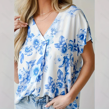 Women's Elegant Summer Floral Print V-Neck Fashion Shirt, Suitable for Daily Work, Shopping, and Party Wear