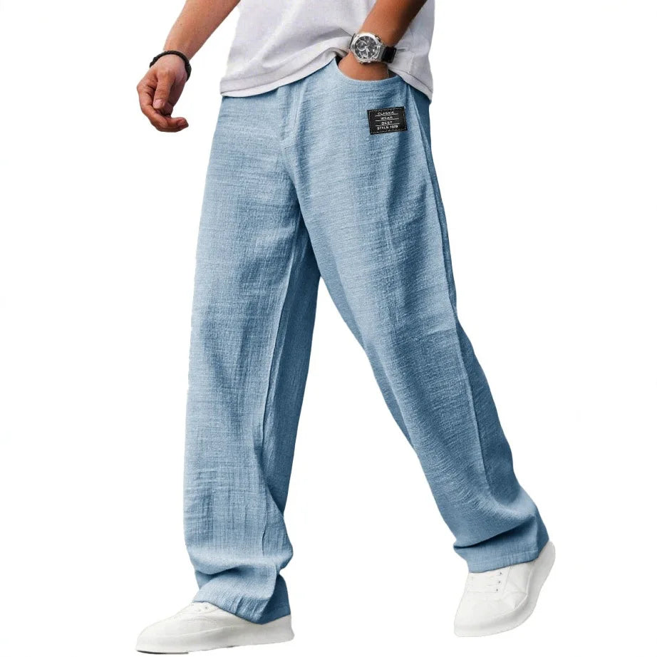 Men's Loose Straight Pants Casual Breathable Badge Streetwear Trousers