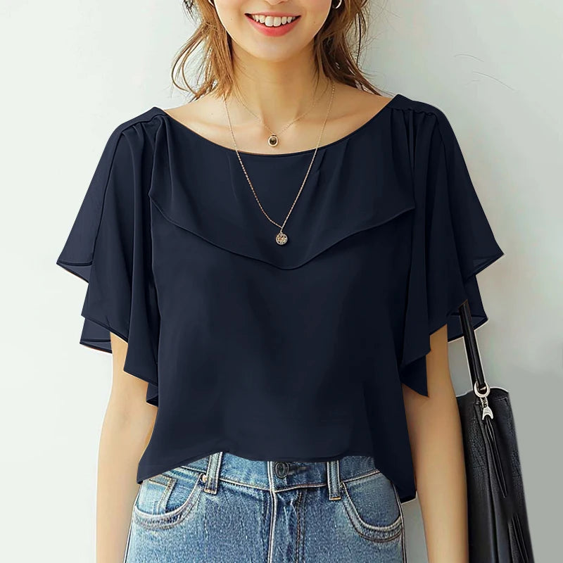 ZANZEA Women Chiffon Blouse Elegant Short Sleeve Shirt 2024 Summer Korean Fashion Solid Tops Tunic Casual Loose Ruffle Hem Blusa