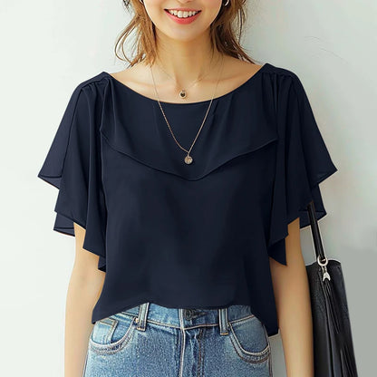 ZANZEA Women Chiffon Blouse Elegant Short Sleeve Shirt 2024 Summer Korean Fashion Solid Tops Tunic Casual Loose Ruffle Hem Blusa