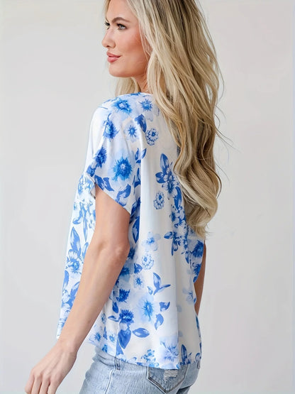 Women's Elegant Summer Floral Print V-Neck Fashion Shirt, Suitable for Daily Work, Shopping, and Party Wear