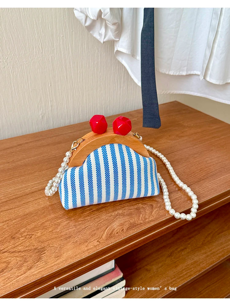 Cute Striped Kiss Lock Mini Bag with Pearl Chain Crossbody Purse Vintage Wooden Frame Small Shoulder Bag for Kids