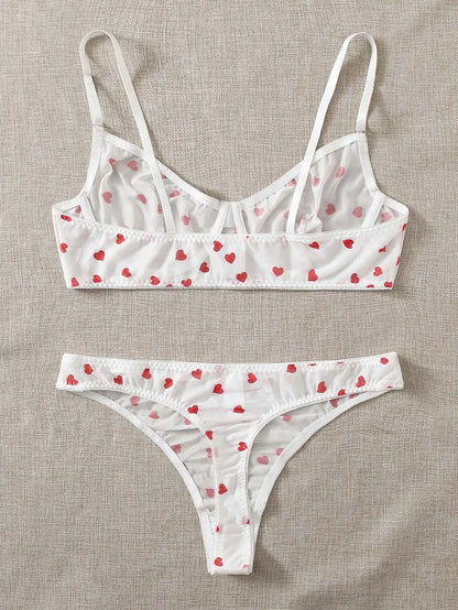 Women’s Bra Set – Sexy Heart Print Lingerie with Push-Up Bra & Body Shorts, Transparent Fancy Intimate Underwear