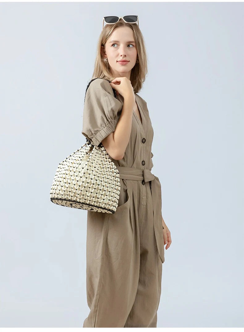 Fashion Natural Wood Beads Shoulder Bag Women Tote Handbag Holiday Beach Vacation Casual Purse
