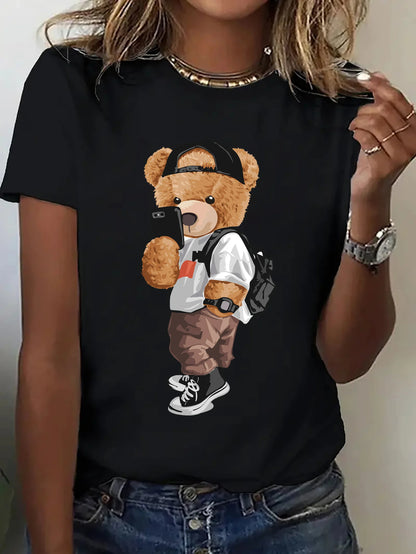 Bear Pattern Printing Women Round Neck Short Sleeve T-shirt Leisure Comfort Fit Top Women's Activewear Cartoon