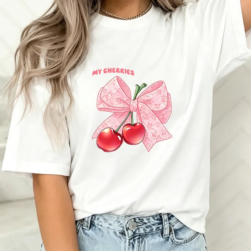 Women's Casual T-Shirt Cute Bow Print Loose Short Sleeve Tee Summer Fashion Tops New Sweet Clothes
