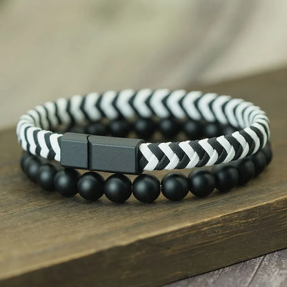 Fashion 2Pcs/set Leather Rope Beaded Bracelet Men Handmade Braided Magnetic Clasp Braslet 8mm Matte Stone Riding Hombre Jewelry
