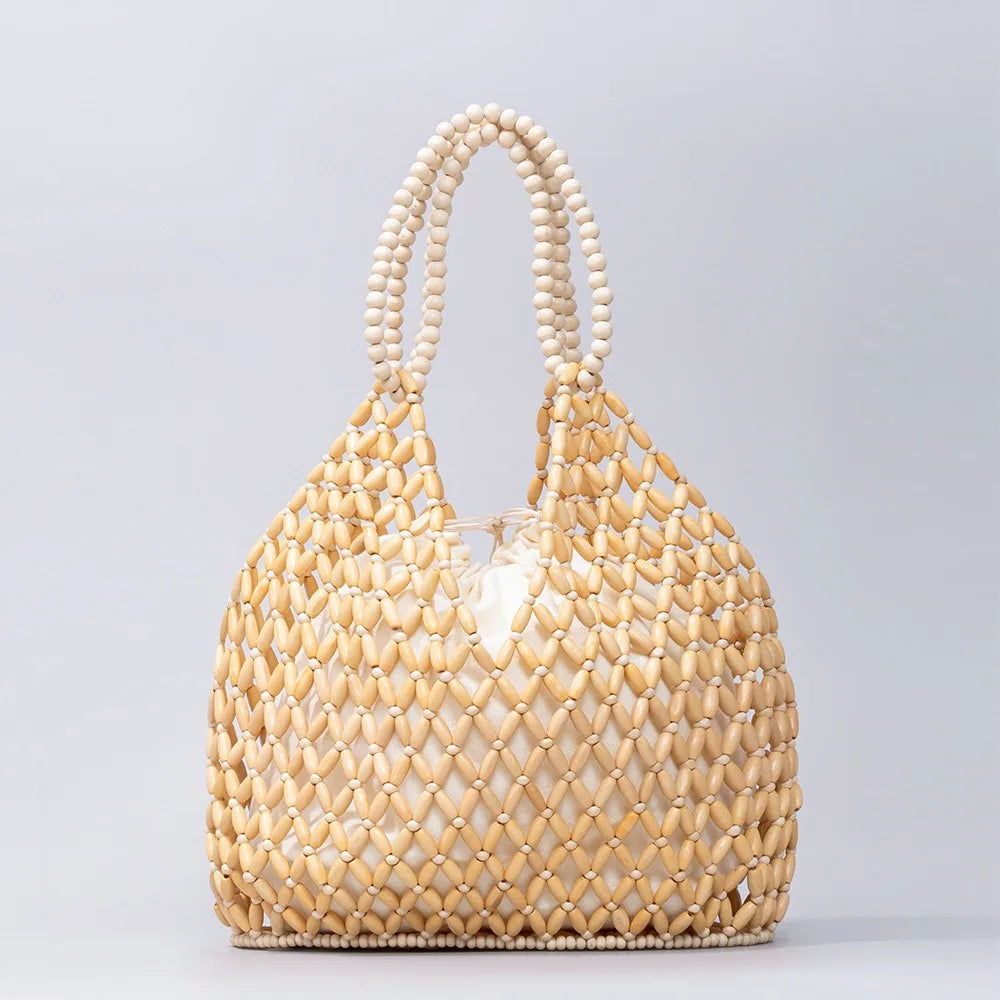 Fashion Natural Wood Beads Shoulder Bag Women Tote Handbag Holiday Beach Vacation Casual Purse