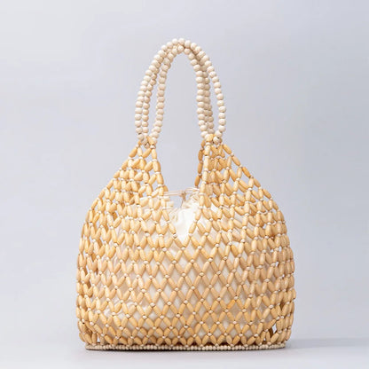 Fashion Natural Wood Beads Shoulder Bag Women Tote Handbag Holiday Beach Vacation Casual Purse