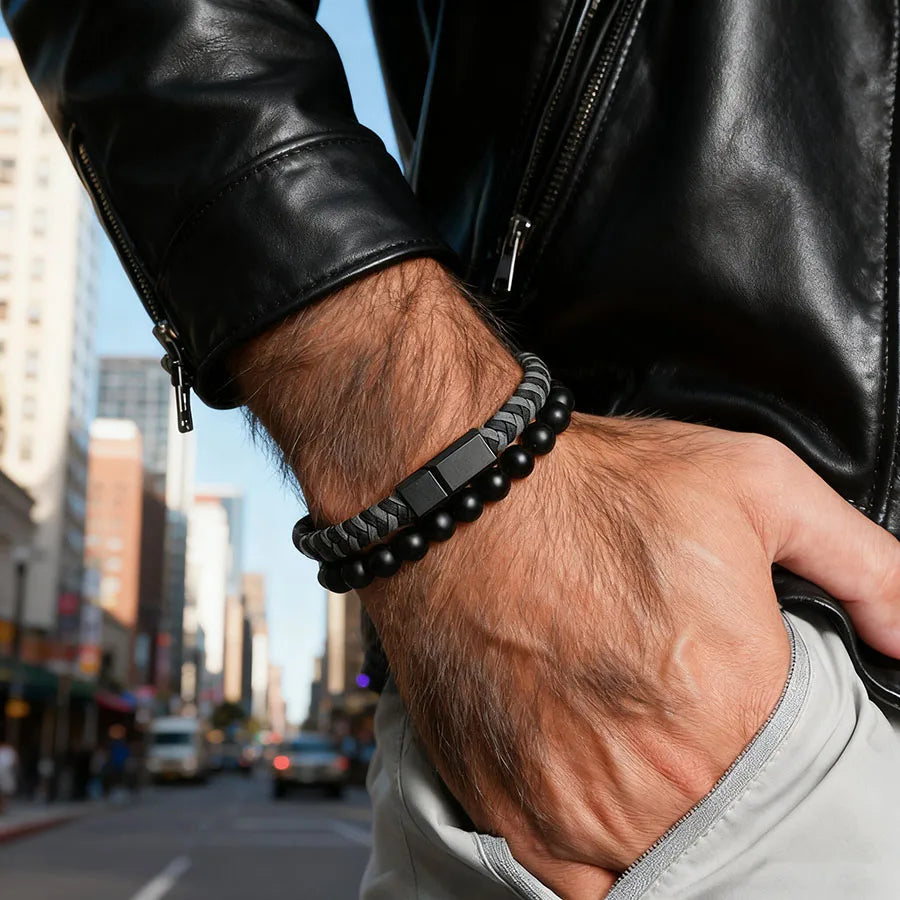 Fashion 2Pcs/set Leather Rope Beaded Bracelet Men Handmade Braided Magnetic Clasp Braslet 8mm Matte Stone Riding Hombre Jewelry
