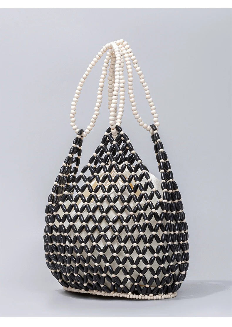 Fashion Natural Wood Beads Shoulder Bag Women Tote Handbag Holiday Beach Vacation Casual Purse
