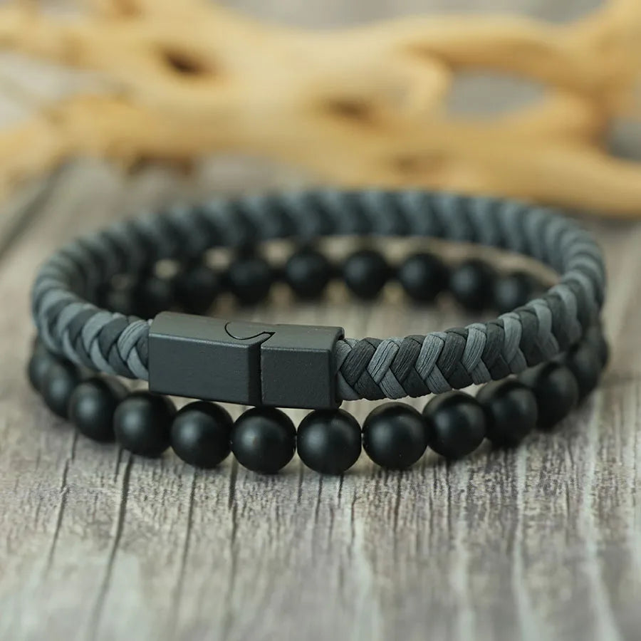 Fashion 2Pcs/set Leather Rope Beaded Bracelet Men Handmade Braided Magnetic Clasp Braslet 8mm Matte Stone Riding Hombre Jewelry