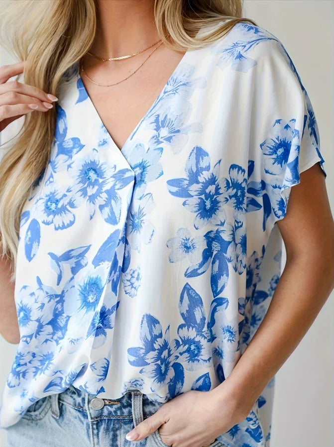 Women's Elegant Summer Floral Print V-Neck Fashion Shirt, Suitable for Daily Work, Shopping, and Party Wear