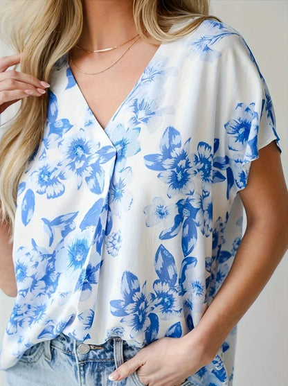 Women's Elegant Summer Floral Print V-Neck Fashion Shirt, Suitable for Daily Work, Shopping, and Party Wear