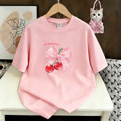 Women's Casual T-Shirt Cute Bow Print Loose Short Sleeve Tee Summer Fashion Tops New Sweet Clothes