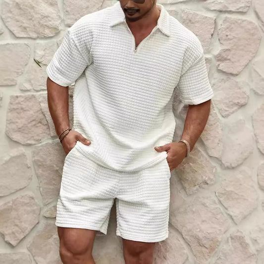Men's Set New Fashionable Style Simple Waffle Color Solid Color Collar Polo Shirt Short Sleeve Shorts Sports Set