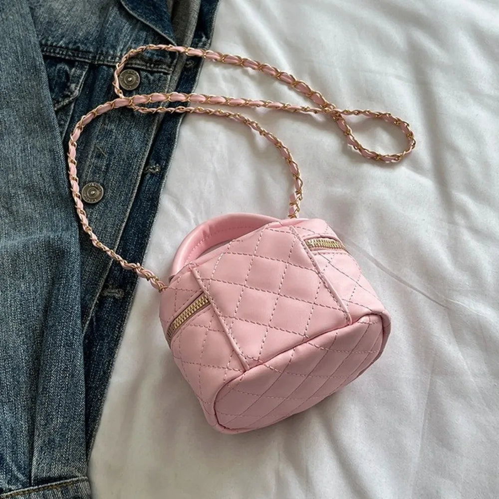 Mini Diamond Quilted Leather Bucket Bag Multi-Color with Gold Chain Shoulder Strap Plaid Chain Bag Checkered Pattern