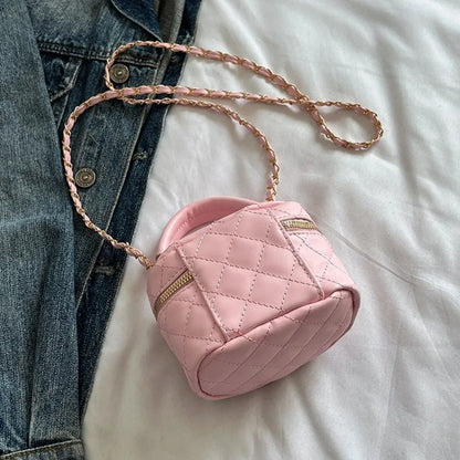 Mini Diamond Quilted Leather Bucket Bag Multi-Color with Gold Chain Shoulder Strap Plaid Chain Bag Checkered Pattern