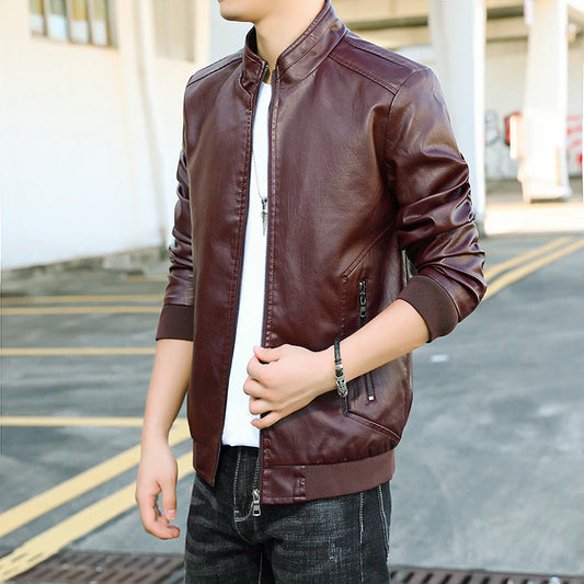 New  style leather jacket for men, spring-autumn men's clothing, fitted stand-up collar top coat