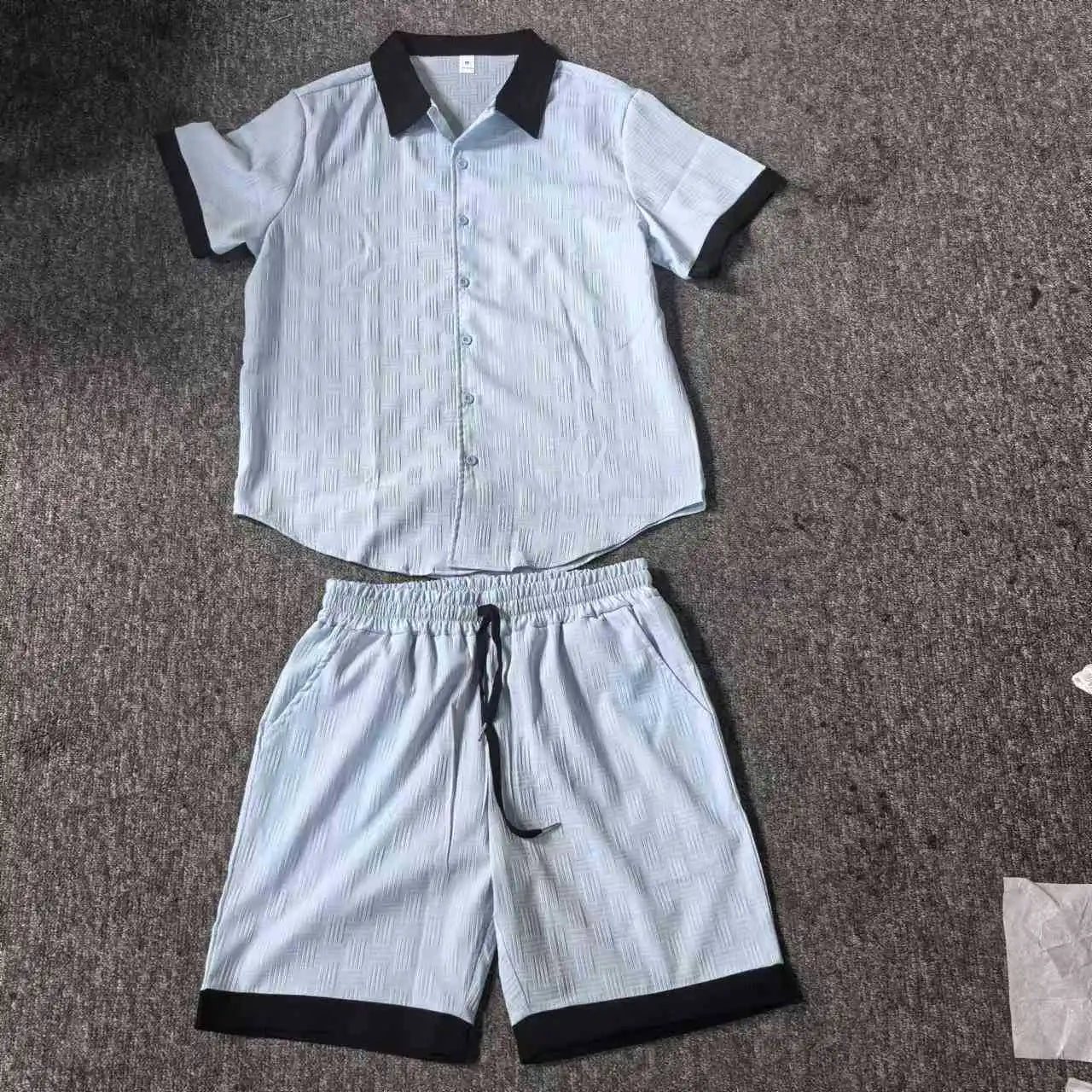 New trend Men's suit Solid color Cotton Linen Short sleeve jacquard Shirt and Shorts