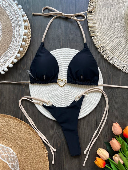 New Solid Color White Bikini Women suit Low Waist Lace-up Fashionable Swimsuit Two-piece Set