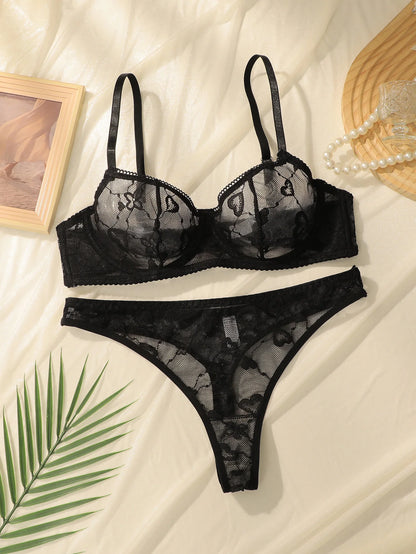 Sexy Black Lace Underwire Bra Set Push Up None Padded Demi Cup Women Lingerie Matching Panty Bikini Briefs