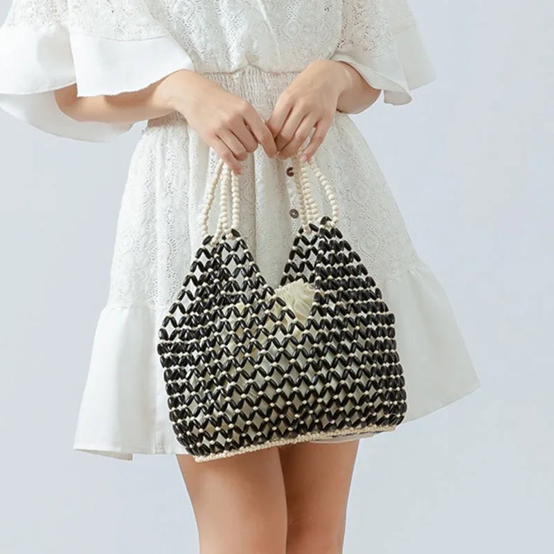 Fashion Natural Wood Beads Shoulder Bag Women Tote Handbag Holiday Beach Vacation Casual Purse