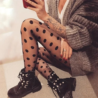 Polka Dot Mesh Tights High Waist Slim