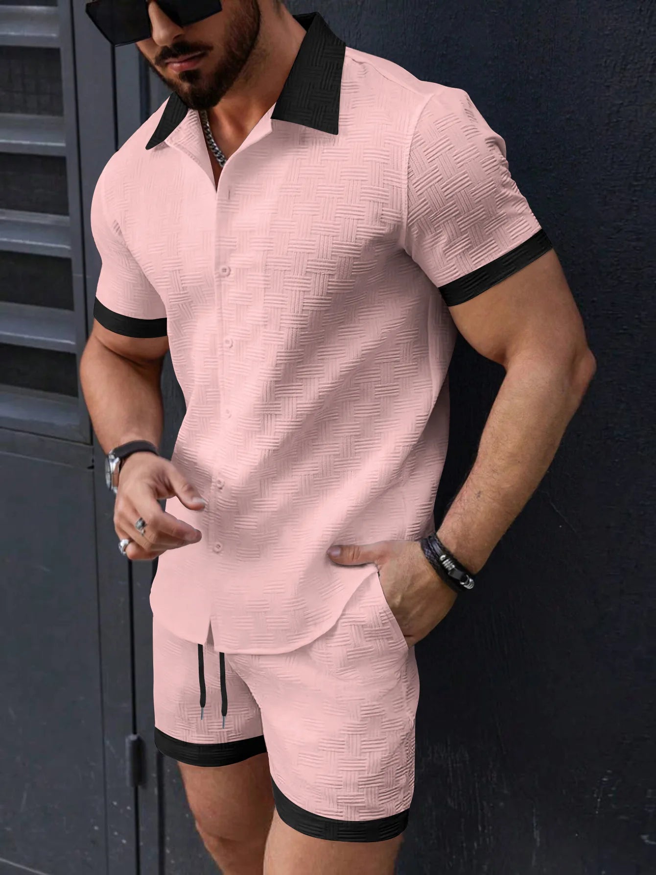 New trend Men's suit Solid color Cotton Linen Short sleeve jacquard Shirt and Shorts