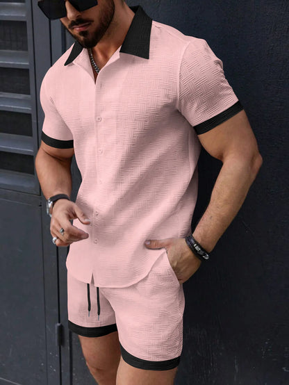 New trend Men's suit Solid color Cotton Linen Short sleeve jacquard Shirt and Shorts