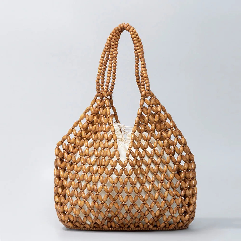 Fashion Natural Wood Beads Shoulder Bag Women Tote Handbag Holiday Beach Vacation Casual Purse