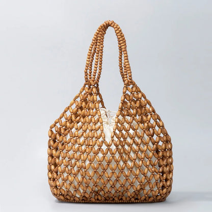 Fashion Natural Wood Beads Shoulder Bag Women Tote Handbag Holiday Beach Vacation Casual Purse