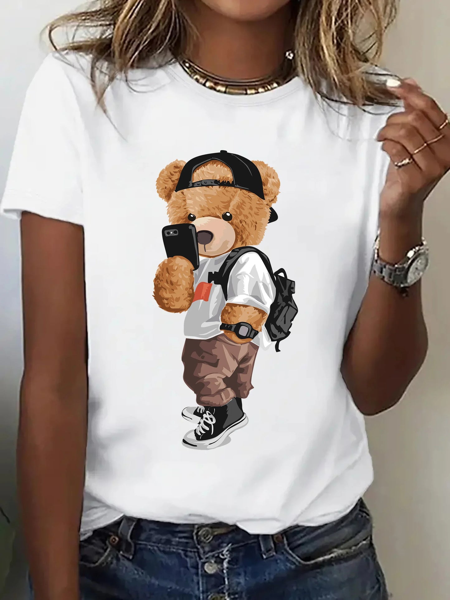 Bear Pattern Printing Women Round Neck Short Sleeve T-shirt Leisure Comfort Fit Top Women's Activewear Cartoon