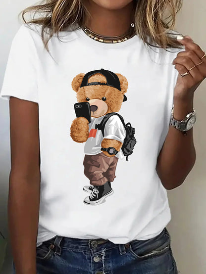 Bear Pattern Printing Women Round Neck Short Sleeve T-shirt Leisure Comfort Fit Top Women's Activewear Cartoon