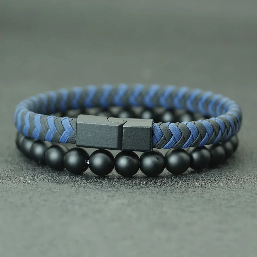 Fashion 2Pcs/set Leather Rope Beaded Bracelet Men Handmade Braided Magnetic Clasp Braslet 8mm Matte Stone Riding Hombre Jewelry