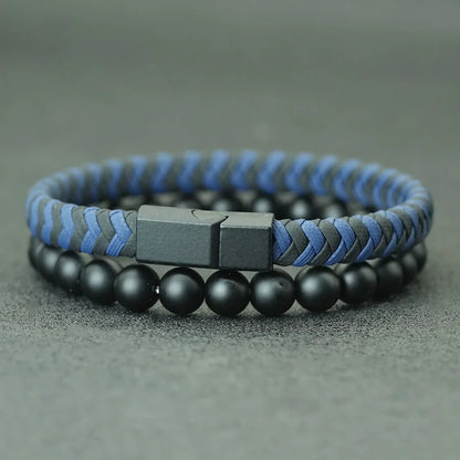 Fashion 2Pcs/set Leather Rope Beaded Bracelet Men Handmade Braided Magnetic Clasp Braslet 8mm Matte Stone Riding Hombre Jewelry