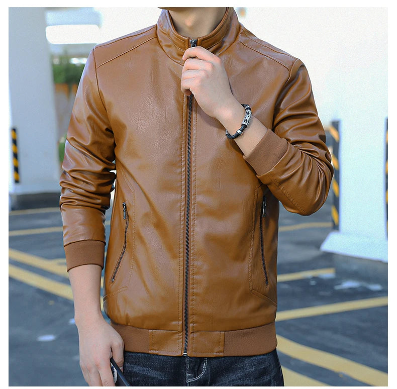 New  style leather jacket for men, spring-autumn men's clothing, fitted stand-up collar top coat