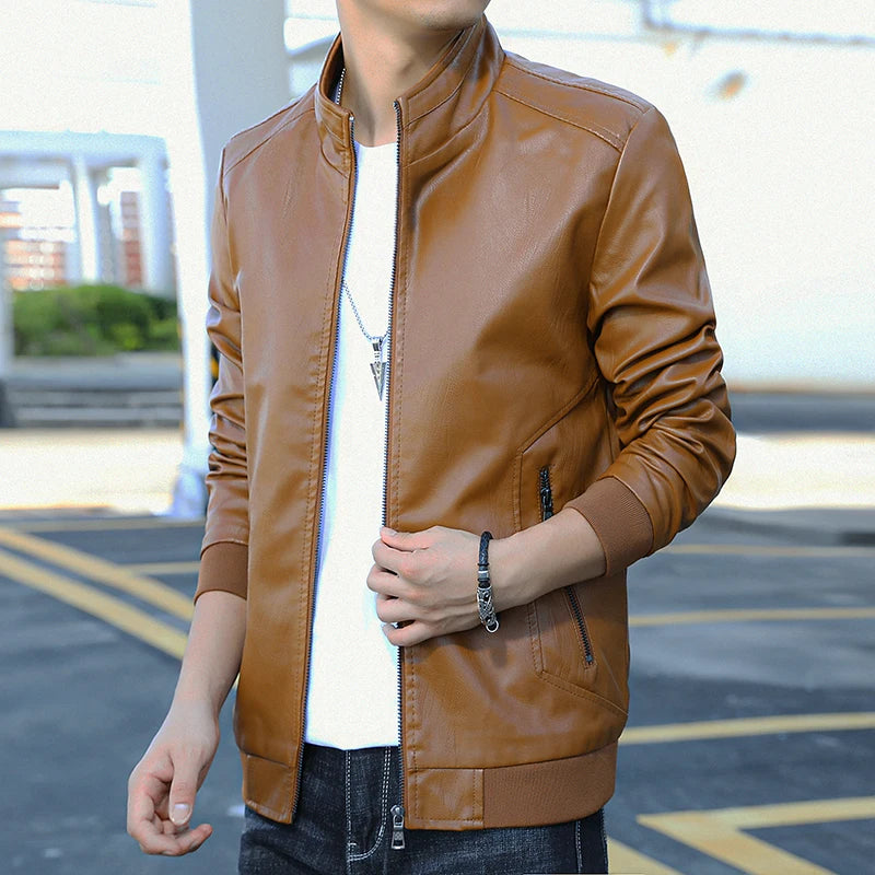 New  style leather jacket for men, spring-autumn men's clothing, fitted stand-up collar top coat